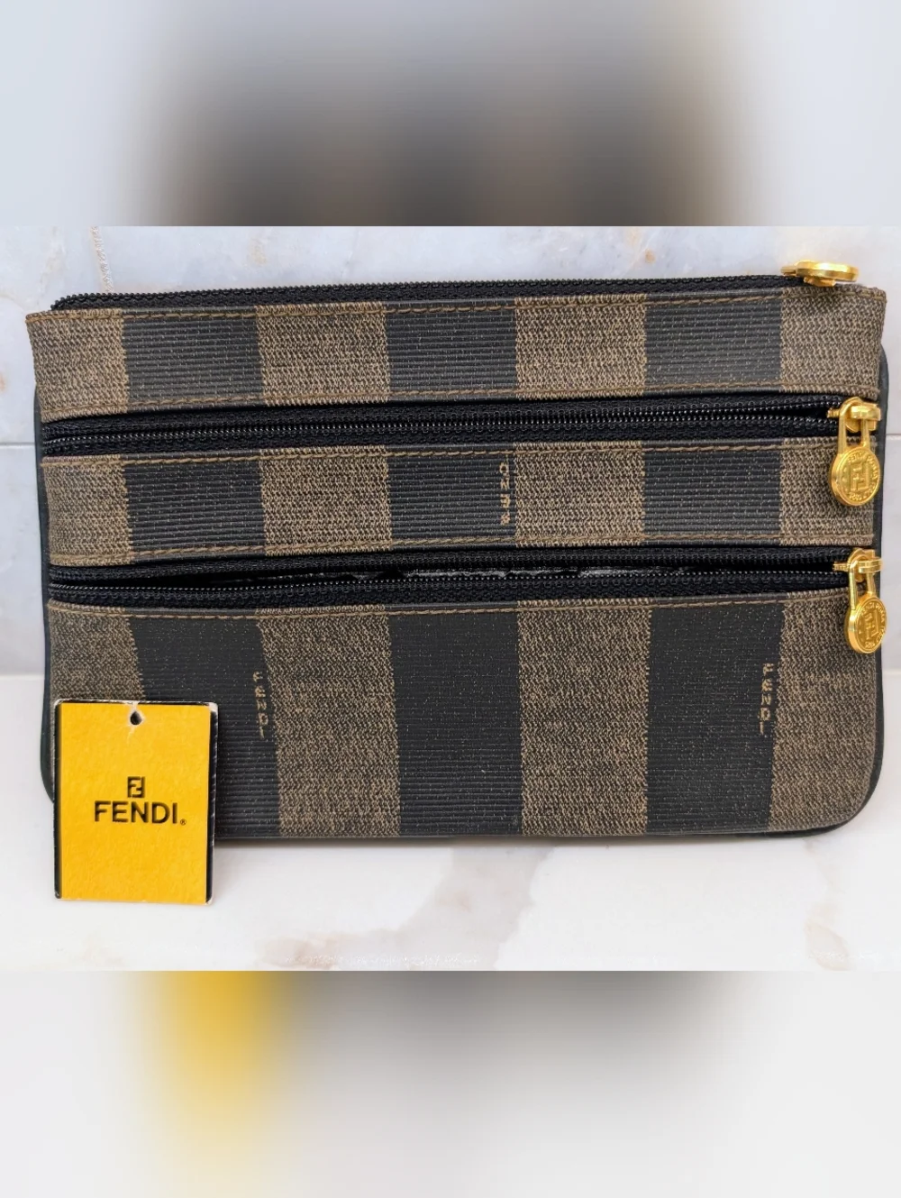 Fendi Brown Striped Zip Clutch - Picture 12 of 12